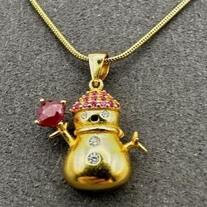 Adorable Gold and Rhodolite Snowman Pendant Necklace